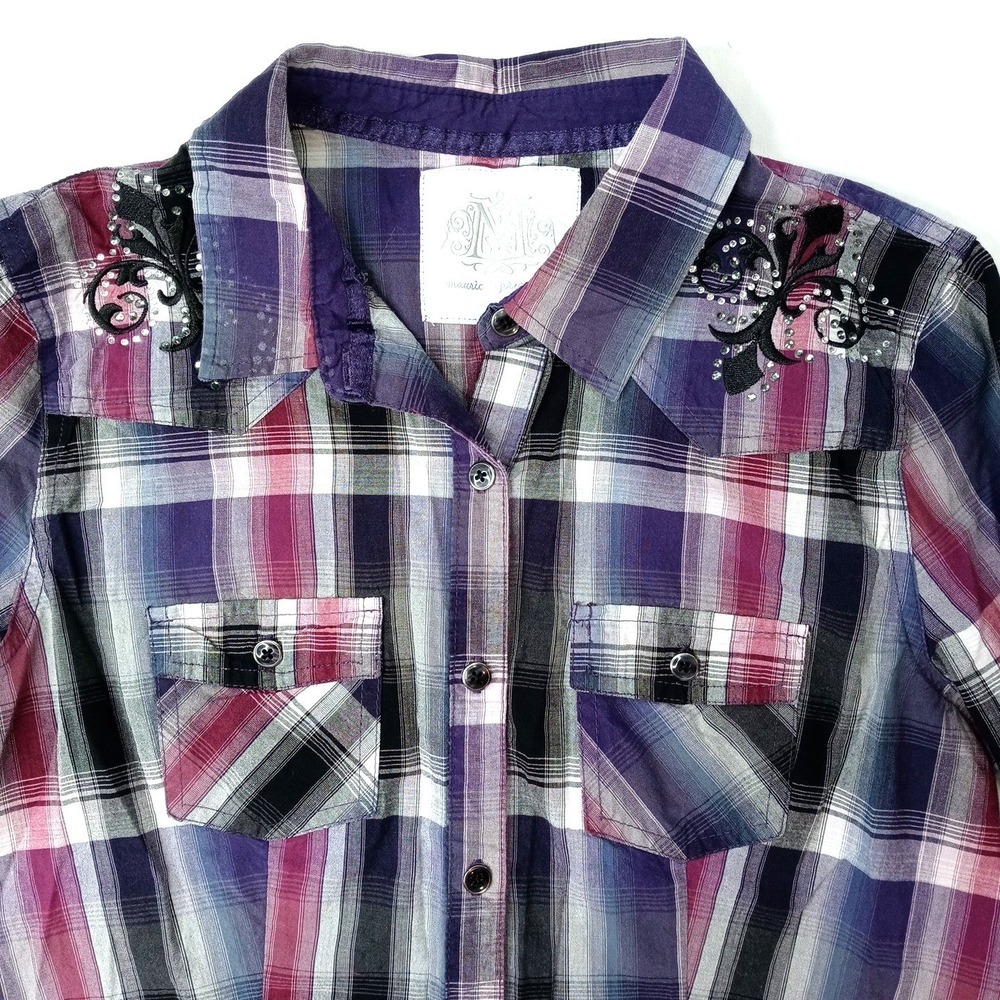 Y2K Maurice's Plaid Shirt Rhinestone Embellished Lace Western Style Women's Med - Picture 4 of 16